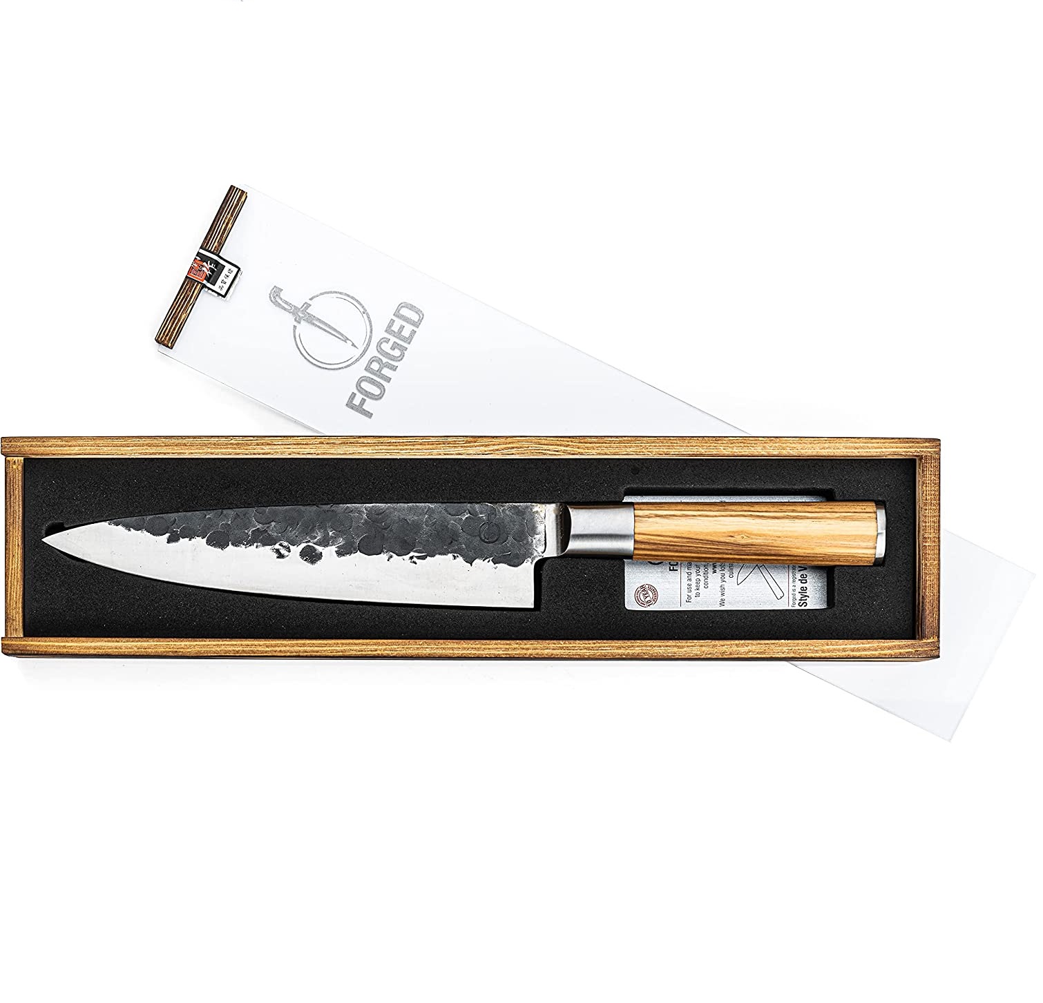 Hand forged butcher's knife with olive handle in luxury wooden box